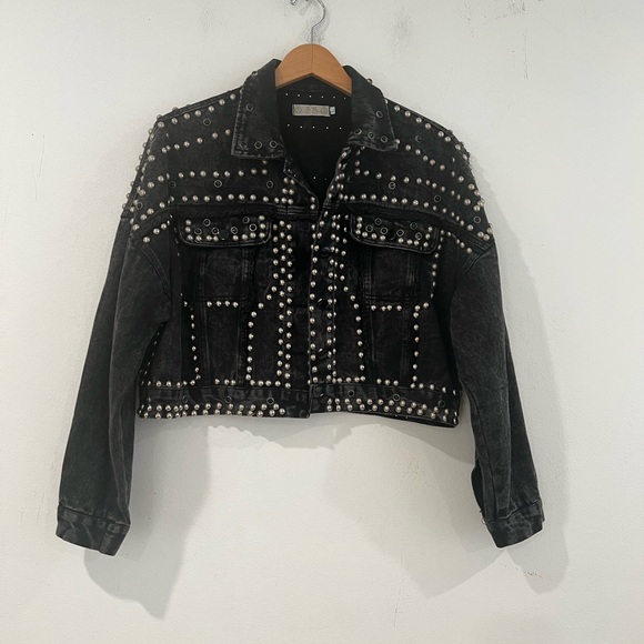 black denim jacket with studs and rhinestones L - Picture 1 of 8